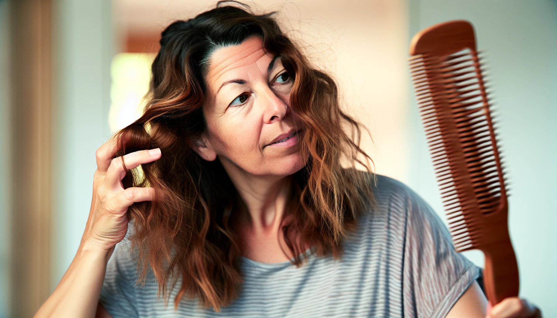 Photo of a woman gently brushing her hair to minimize postpartum hair loss