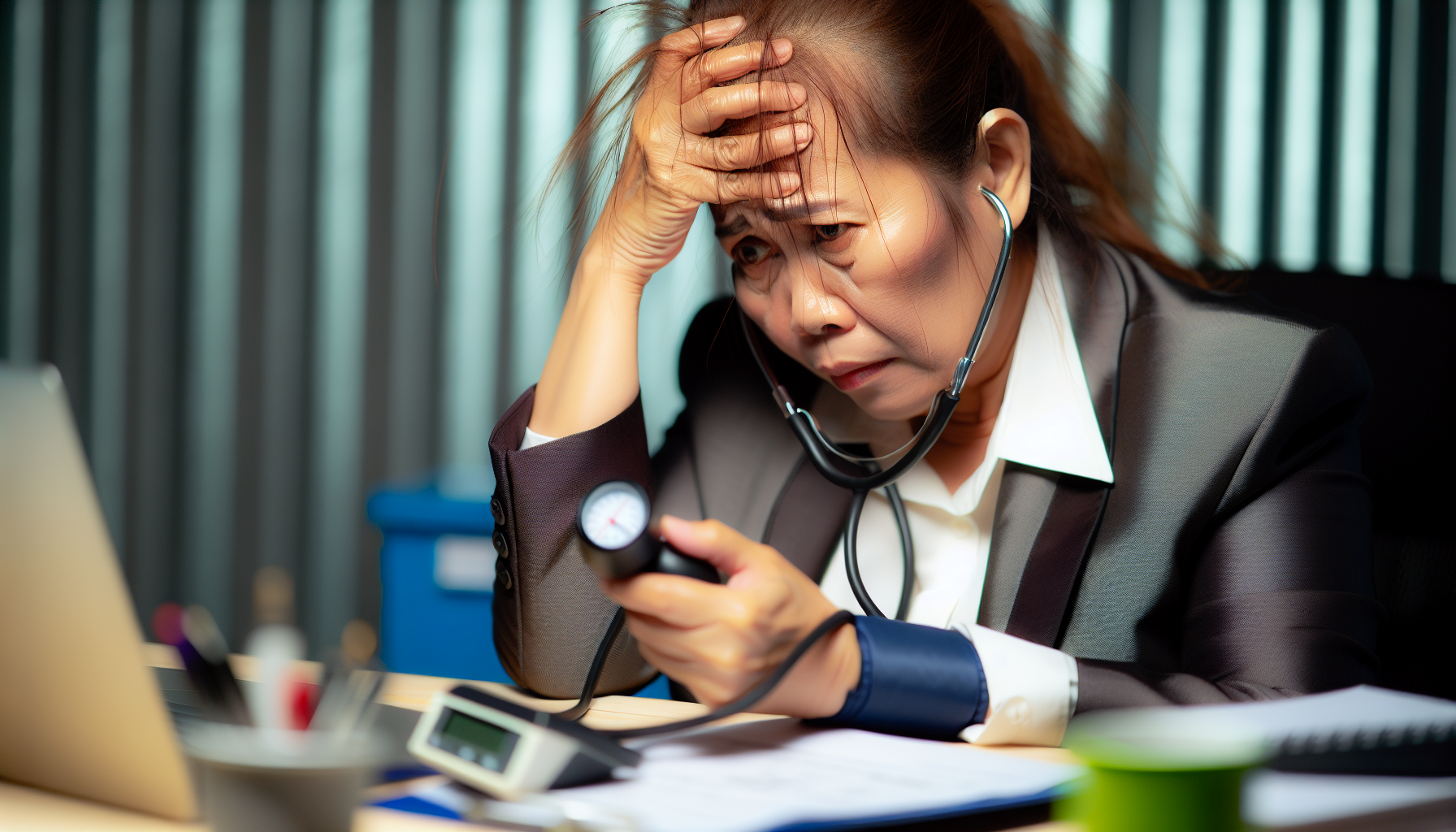 Photo of a stressed woman with high blood pressure