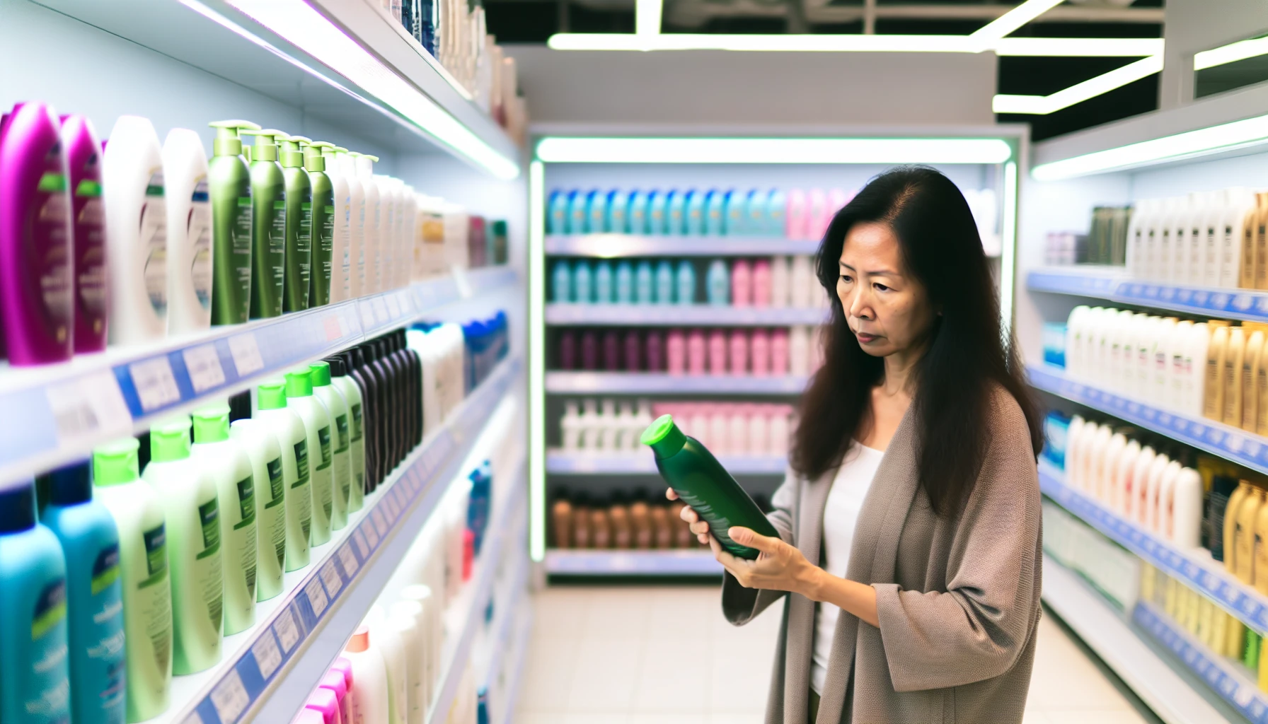 Woman choosing a shampoo bottle from a store shelf