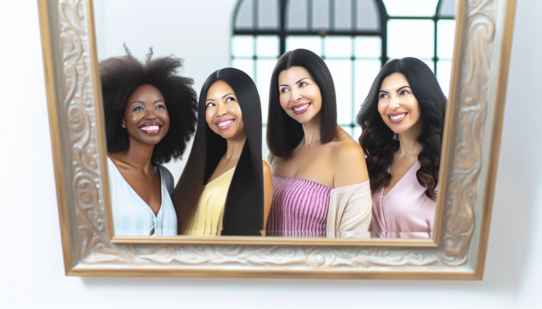 A group of women smiling and looking at their reflection in the mirror