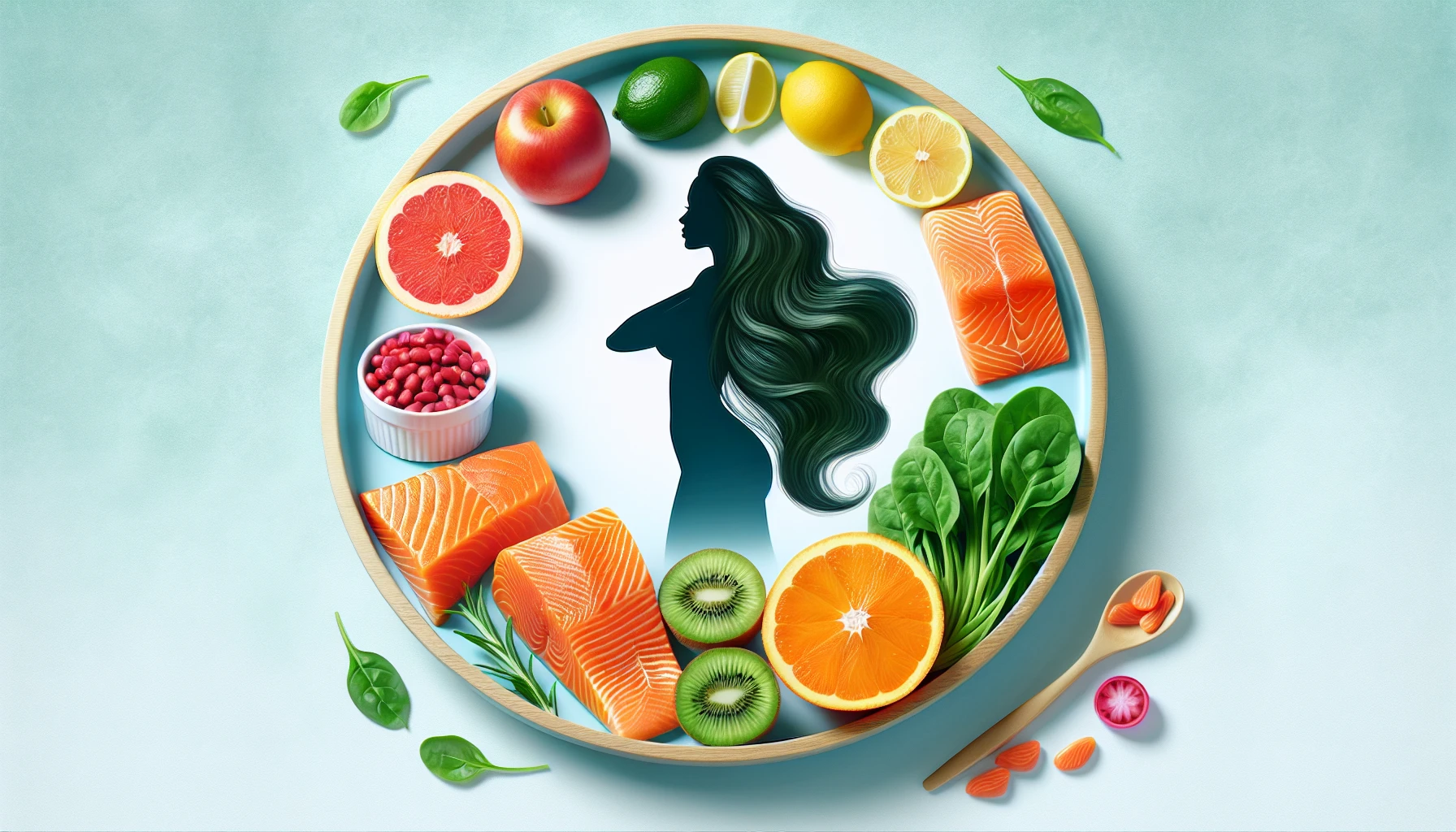 An illustration showing a balanced diet with essential nutrients for hair health