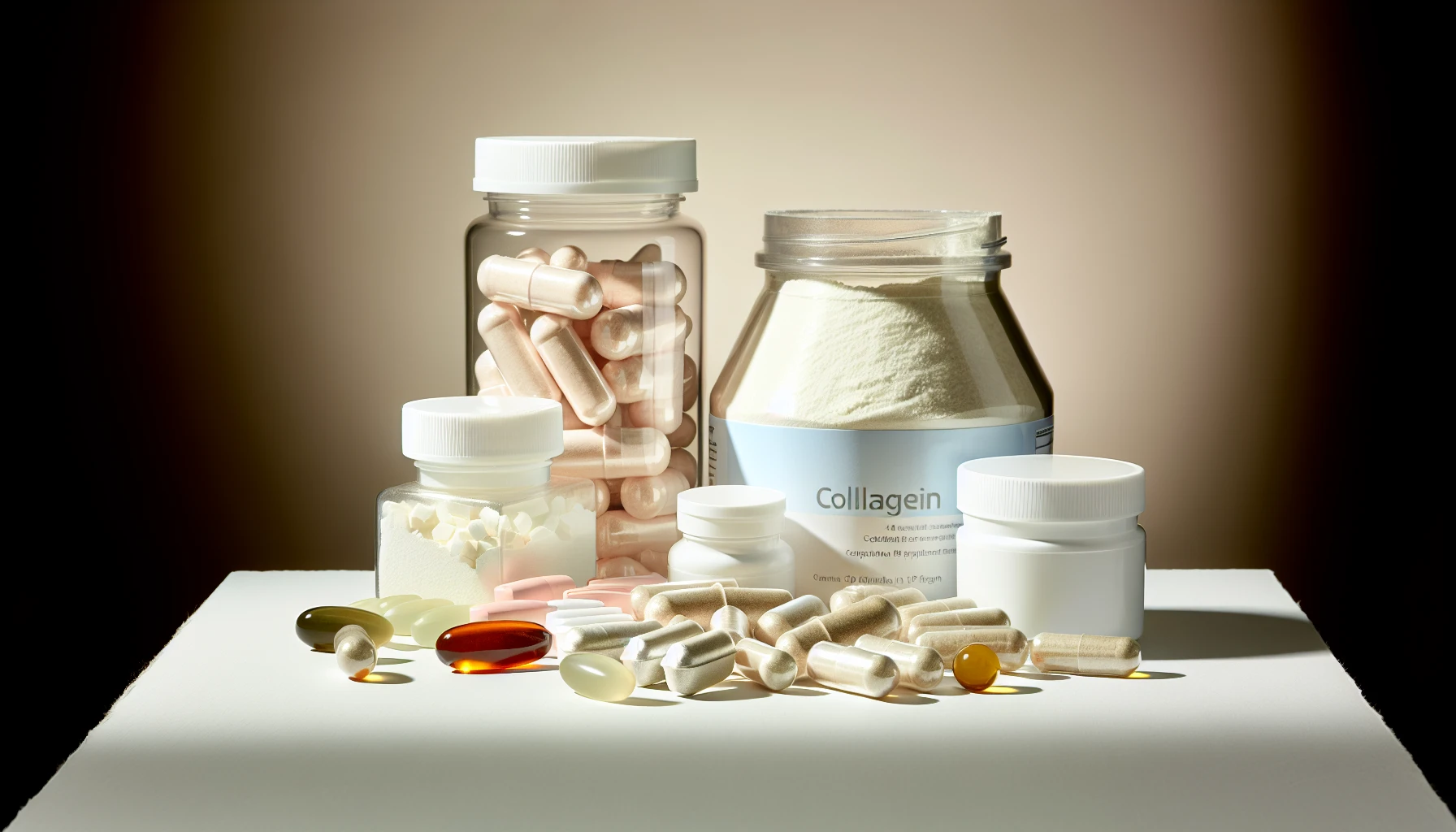 A photo of various collagen supplements in powder and capsule form